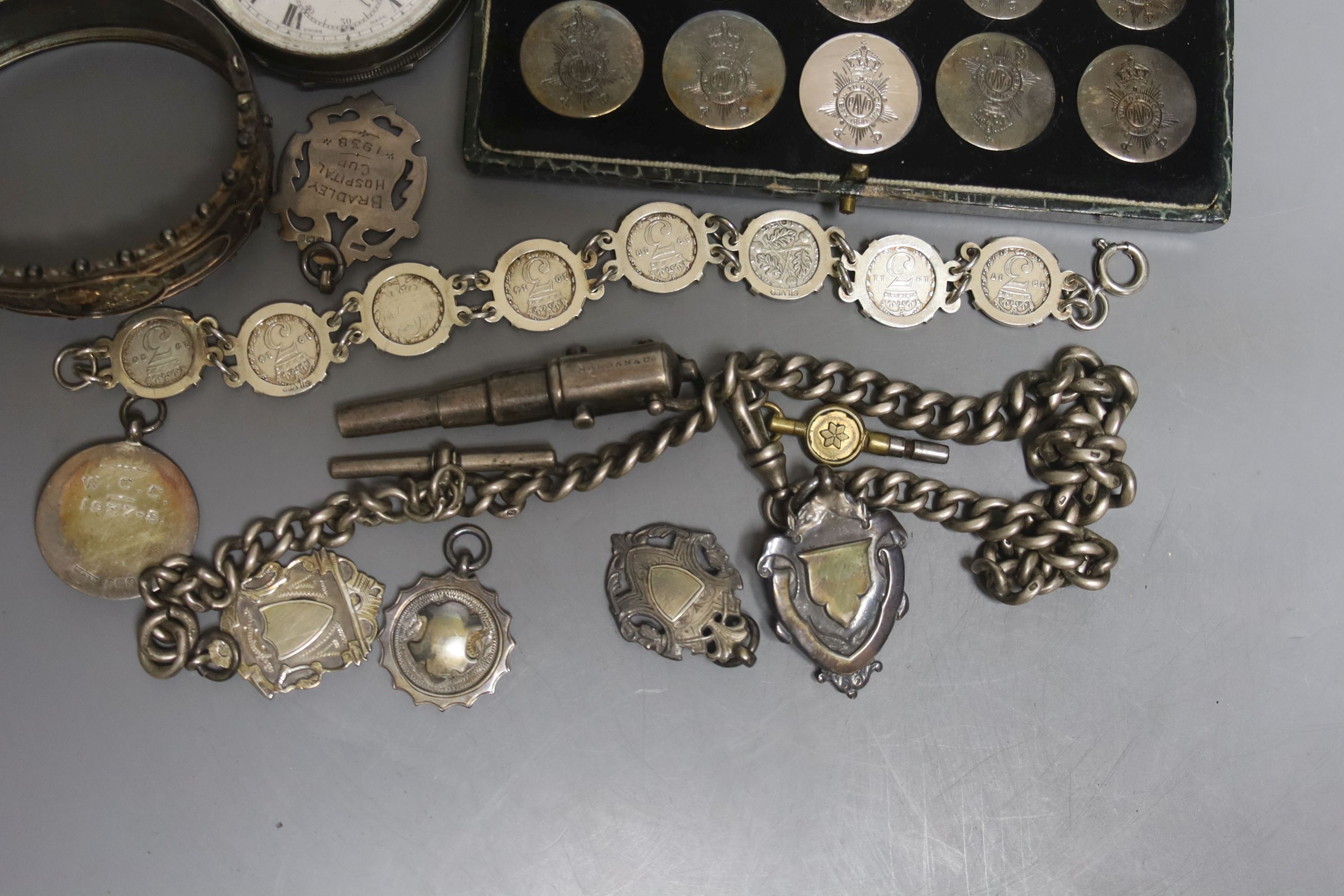 Mixed items including silver medallions, Victorian silver and yellow metal hinged bangle and a Mordan & Co pencil